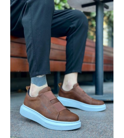 BA0307 BOA Kalın Yüksek Taban Çift Bant Taba Beyaz Erkek Ayakkabı