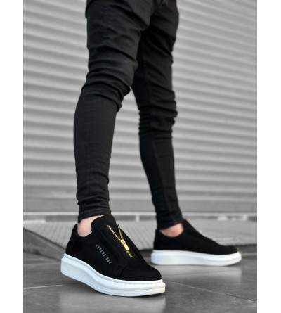 BA0310 BOA Kalın Süet Yüksek Taban Fermuarlı Siyah Beyaz Erkek Ayakkabı