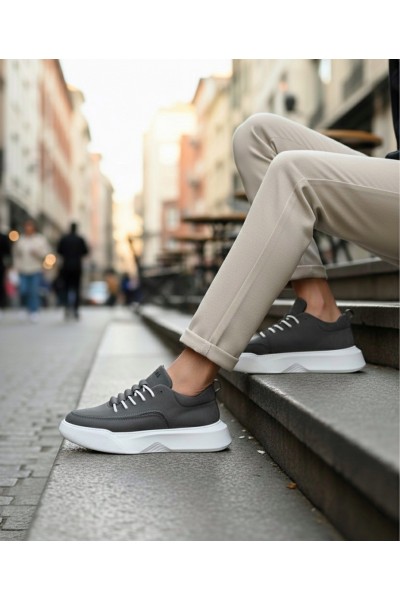 BA0332 Merdiven Desen Bağcıklı Erkek Yüksek Taban Antrasit Cilt Spor Ayakkabı