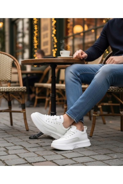 BA0332 Merdiven Desen Bağcıklı Erkek Yüksek Taban Beyaz Cilt Spor Ayakkabı