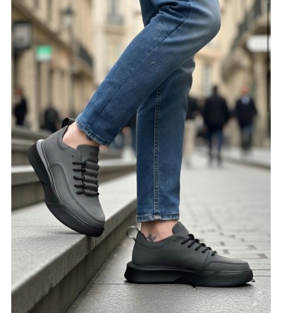 BA0332 Merdiven Desen Bağcıklı Erkek Yüksek Taban Füme Cilt Spor Ayakkabı