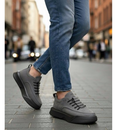 BA0332 Merdiven Desen Bağcıklı Erkek Yüksek Taban Füme Cilt Spor Ayakkabı