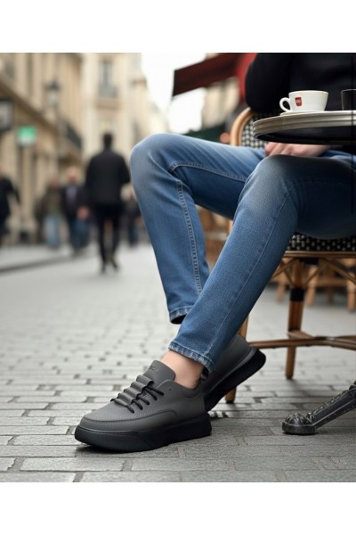 BA0332 Merdiven Desen Bağcıklı Erkek Yüksek Taban Füme Cilt Spor Ayakkabı