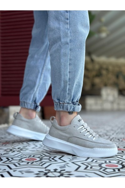 BA0332 Merdiven Desen Bağcıklı Erkek Yüksek Taban Gri Süet Beyaz Taban Spor Ayakkabı
