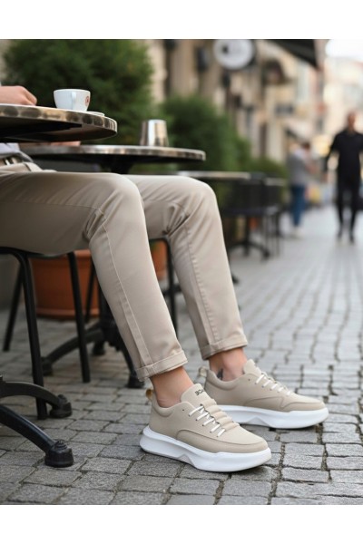 BA0332 Merdiven Desen Bağcıklı Erkek Yüksek Taban Krem Süet Spor Ayakkabı