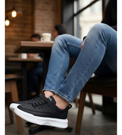 BA0332 Merdiven Desen Bağcıklı Erkek Yüksek Taban Siyah Cilt Beyaz Taban Spor Ayakkabı