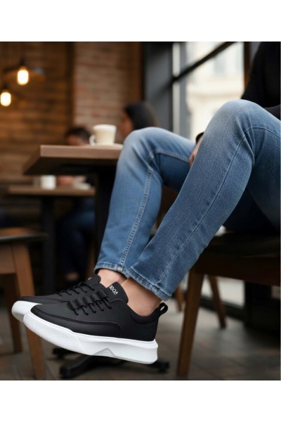 BA0332 Merdiven Desen Bağcıklı Erkek Yüksek Taban Siyah Cilt Beyaz Taban Spor Ayakkabı