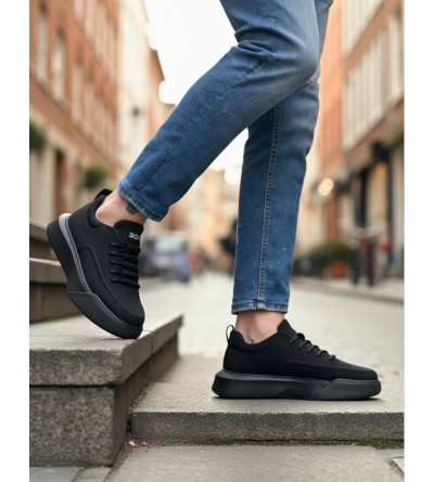 BA0332 Merdiven Desen Bağcıklı Erkek Yüksek Taban Siyah Cilt Siyah Taban Spor Ayakkabı