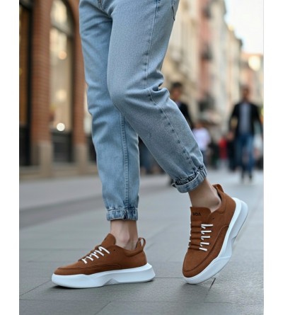 BA0332 Merdiven Desen Bağcıklı Erkek Yüksek Taban Taba Süet Beyaz Taban Spor Ayakkabı