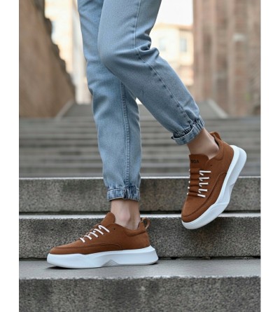 BA0332 Merdiven Desen Bağcıklı Erkek Yüksek Taban Taba Süet Beyaz Taban Spor Ayakkabı