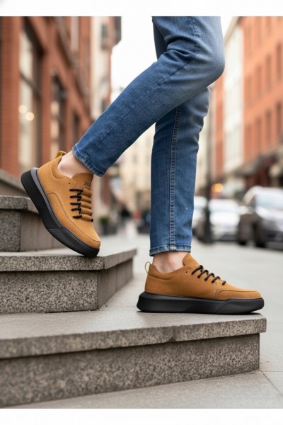 BA0332 Merdiven Desen Bağcıklı Erkek Yüksek Taban Taba Süet Siyah Taban Spor Ayakkabı