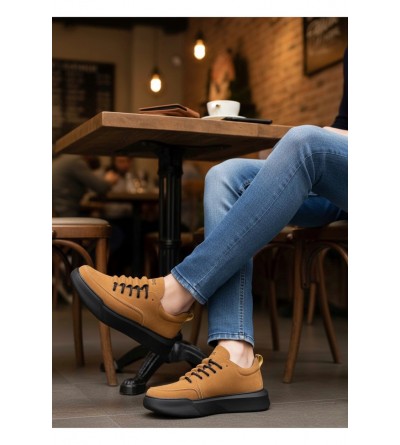 BA0332 Merdiven Desen Bağcıklı Erkek Yüksek Taban Taba Süet Siyah Taban Spor Ayakkabı