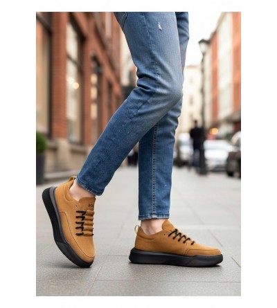 BA0332 Merdiven Desen Bağcıklı Erkek Yüksek Taban Taba Süet Siyah Taban Spor Ayakkabı