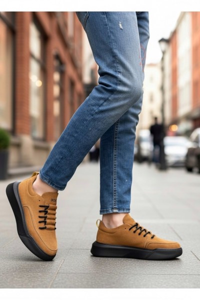 BA0332 Merdiven Desen Bağcıklı Erkek Yüksek Taban Taba Süet Siyah Taban Spor Ayakkabı