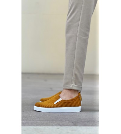 BA0339 Bağcıksız Kadife Hardal Beyaz Taban Günlük Erkek Ayakkabı