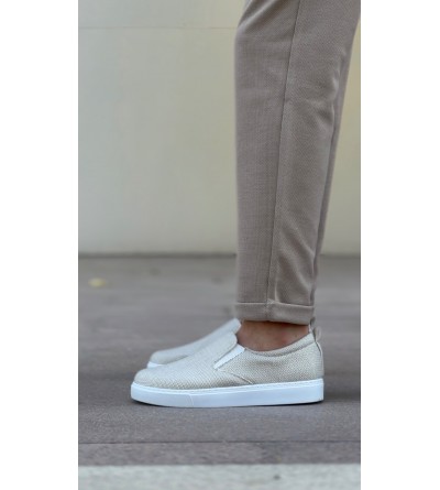 BA0339 Bağcıksız Keten Krem Beyaz Taban Günlük Erkek Ayakkabı