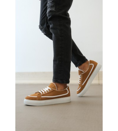 BA0351 BOA Bağcıklı Deri Tozu Günlük Taba Renk Spor Ayakkabı 