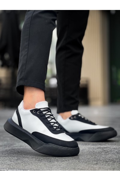 BA0354 Günlük  Bağcıklı Erkek  Beyaz Parçalı Siyah  Yüksek Taban Spor Ayakkabı