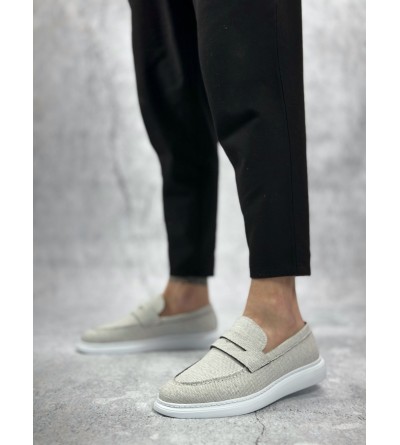 BA0355 Bağcıksız Keten Beyaz Klasik Corcik Erkek Ayakkabı
