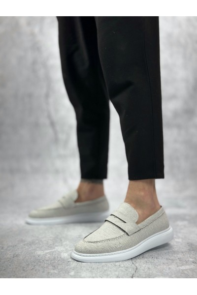 BA0355 Bağcıksız Keten Beyaz Klasik Corcik Erkek Ayakkabı