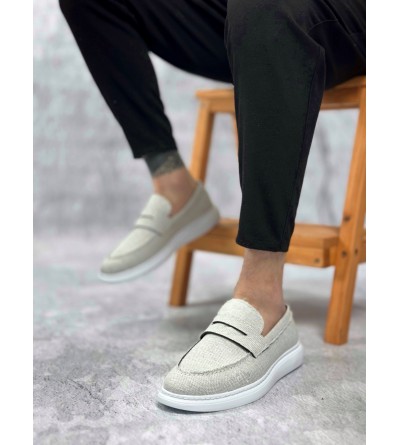 BA0355 Bağcıksız Keten Beyaz Klasik Corcik Erkek Ayakkabı