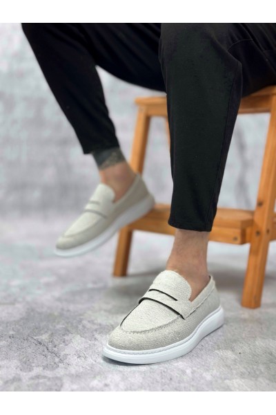 BA0355 Bağcıksız Keten Beyaz Klasik Corcik Erkek Ayakkabı