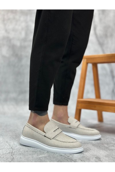BA0355 Bağcıksız Keten Beyaz Klasik Corcik Erkek Ayakkabı