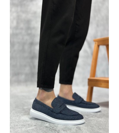 BA0355 Bağcıksız Keten Lacivert Klasik Corcik Erkek Ayakkabı