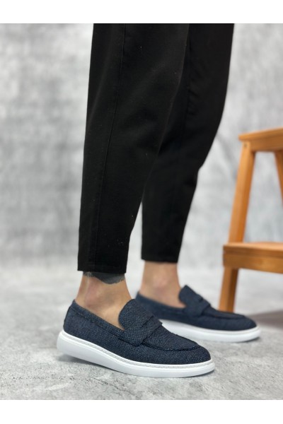 BA0355 Bağcıksız Keten Lacivert Klasik Corcik Erkek Ayakkabı
