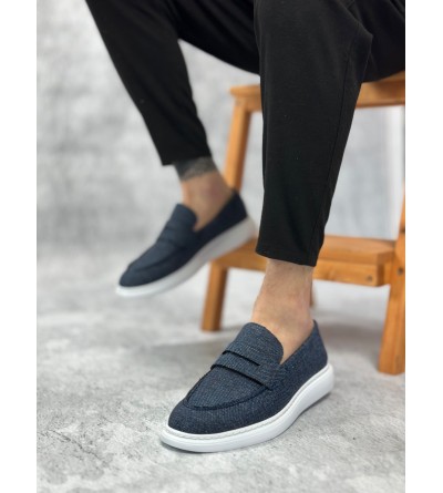 BA0355 Bağcıksız Keten Lacivert Klasik Corcik Erkek Ayakkabı