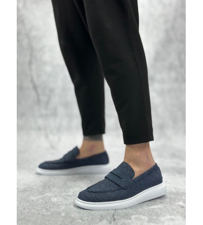 BA0355 Bağcıksız Keten Lacivert Klasik Corcik Erkek Ayakkabı