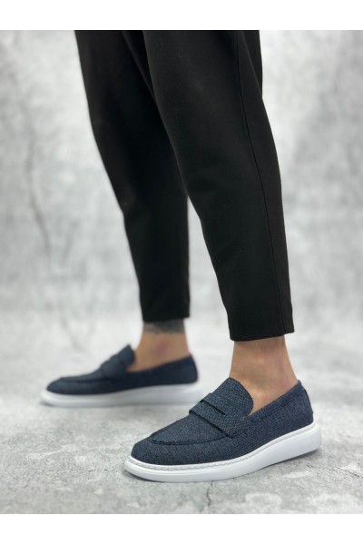 BA0355 Bağcıksız Keten Lacivert Klasik Corcik Erkek Ayakkabı