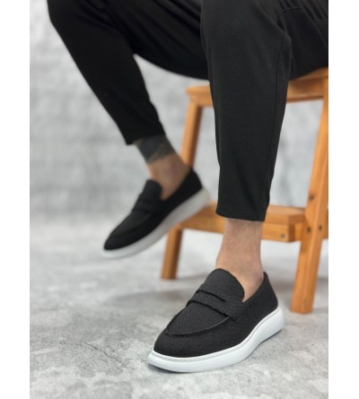 BA0355 Bağcıksız Keten Siyah Klasik Corcik Erkek Ayakkabı