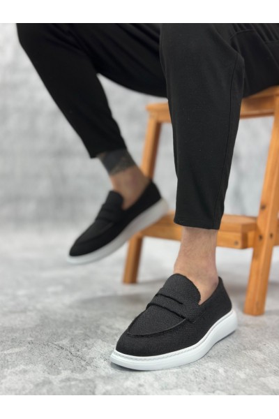 BA0355 Bağcıksız Keten Siyah Klasik Corcik Erkek Ayakkabı