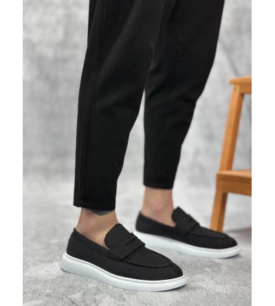 BA0355 Bağcıksız Keten Siyah Klasik Corcik Erkek Ayakkabı