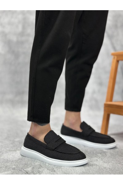 BA0355 Bağcıksız Keten Siyah Klasik Corcik Erkek Ayakkabı
