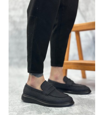 BA0355 Bağcıksız Keten Siyah Taban Klasik Corcik Erkek Ayakkabı