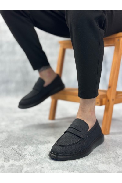 BA0355 Bağcıksız Keten Siyah Taban Klasik Corcik Erkek Ayakkabı