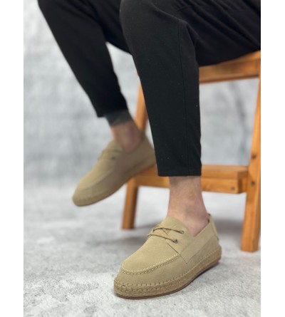 BA0358 BOA Doğal Deri Tozu Bağcıklı Kauçuk El Yapımı Espadril Taban Bej Renk Erkek Ayakkabı