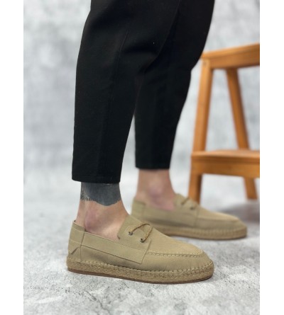 BA0358 BOA Doğal Deri Tozu Bağcıklı Kauçuk El Yapımı Espadril Taban Bej Renk Erkek Ayakkabı