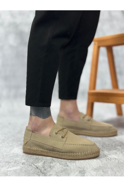 BA0358 BOA Doğal Deri Tozu Bağcıklı Kauçuk El Yapımı Espadril Taban Bej Renk Erkek Ayakkabı