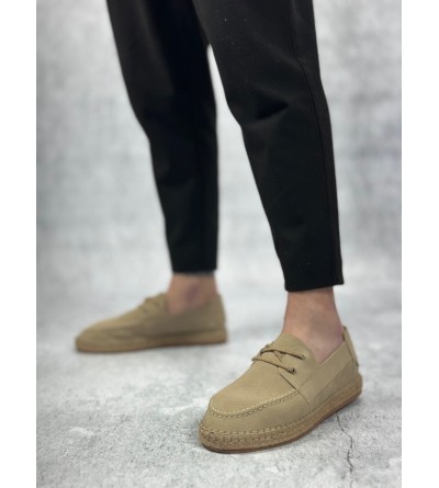 BA0358 BOA Doğal Deri Tozu Bağcıklı Kauçuk El Yapımı Espadril Taban Bej Renk Erkek Ayakkabı