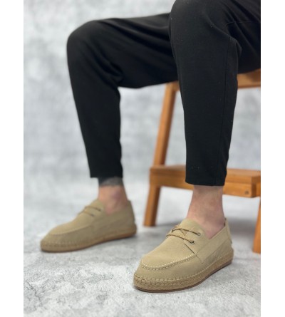 BA0358 BOA Doğal Deri Tozu Bağcıklı Kauçuk El Yapımı Espadril Taban Bej Renk Erkek Ayakkabı