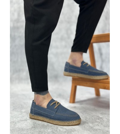 BA0358 BOA Doğal Deri Tozu Bağcıklı Kauçuk El Yapımı Espadril Taban Mavi Renk Erkek Ayakkabı
