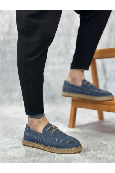 BA0358 BOA Doğal Deri Tozu Bağcıklı Kauçuk El Yapımı Espadril Taban Mavi Renk Erkek Ayakkabı