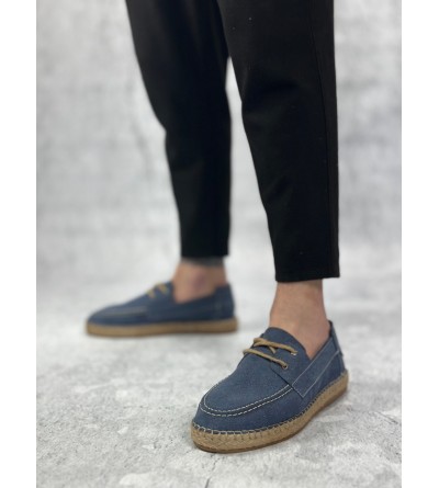BA0358 BOA Doğal Deri Tozu Bağcıklı Kauçuk El Yapımı Espadril Taban Mavi Renk Erkek Ayakkabı