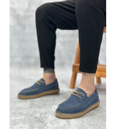 BA0358 BOA Doğal Deri Tozu Bağcıklı Kauçuk El Yapımı Espadril Taban Mavi Renk Erkek Ayakkabı