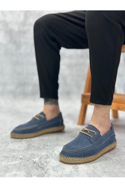 BA0358 BOA Doğal Deri Tozu Bağcıklı Kauçuk El Yapımı Espadril Taban Mavi Renk Erkek Ayakkabı