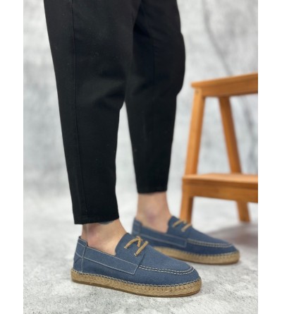 BA0358 BOA Doğal Deri Tozu Bağcıklı Kauçuk El Yapımı Espadril Taban Mavi Renk Erkek Ayakkabı