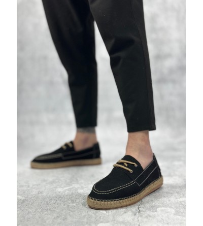 BA0358 BOA Doğal Deri Tozu Bağcıklı Kauçuk El Yapımı Espadril Taban Siyah Renk Erkek Ayakkabı